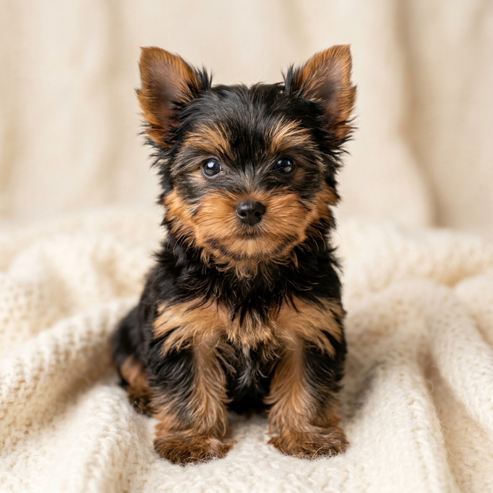 Healthy Yorkie puppy on a cream blanket