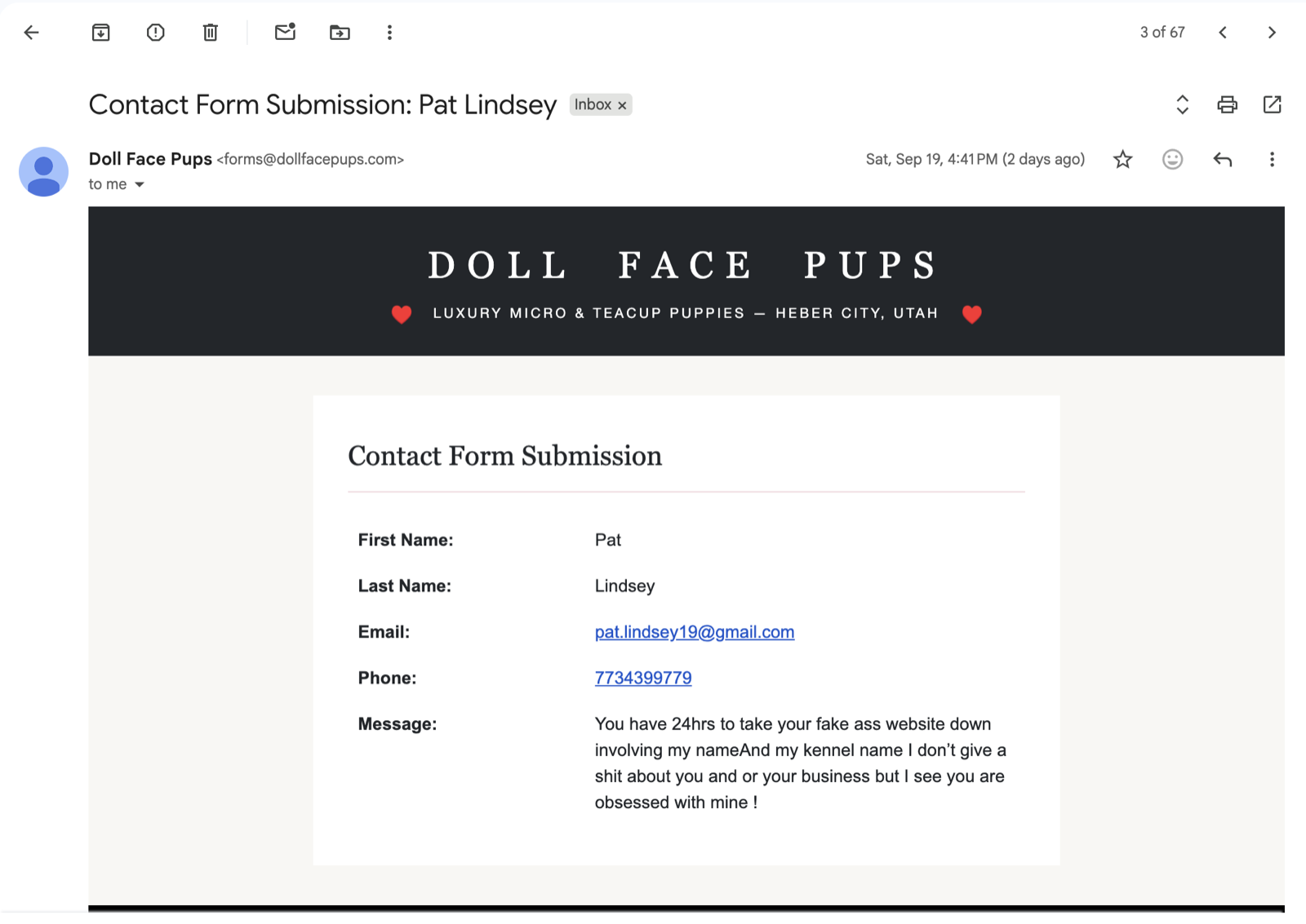 Screenshot 1: Pat Lindsey's contact-form submission to Doll Face Pups, Saturday Sep 19, 2026, 4:41 PM