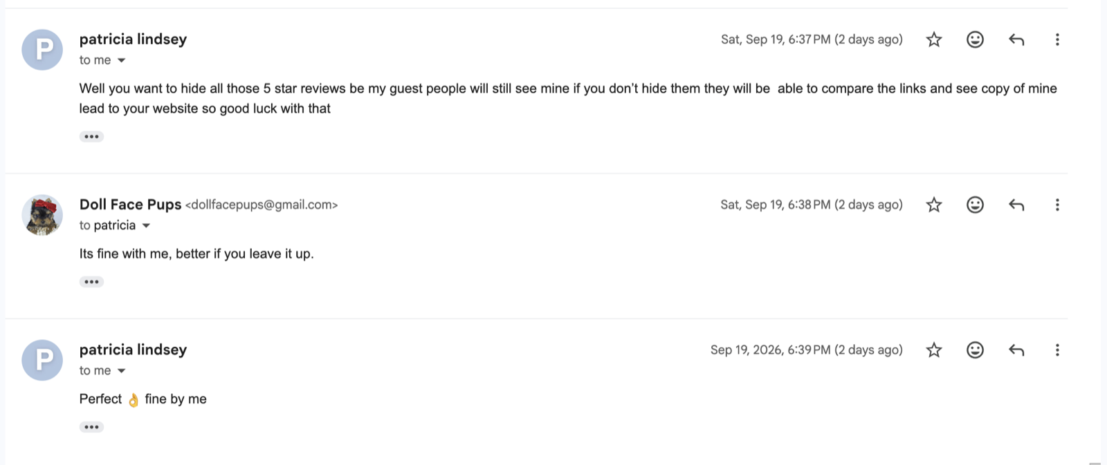 Screenshot 10: Pat Lindsey at 6:37 PM, Janet at 6:38 PM, and Pat at 6:39 PM, Sep 19, 2026