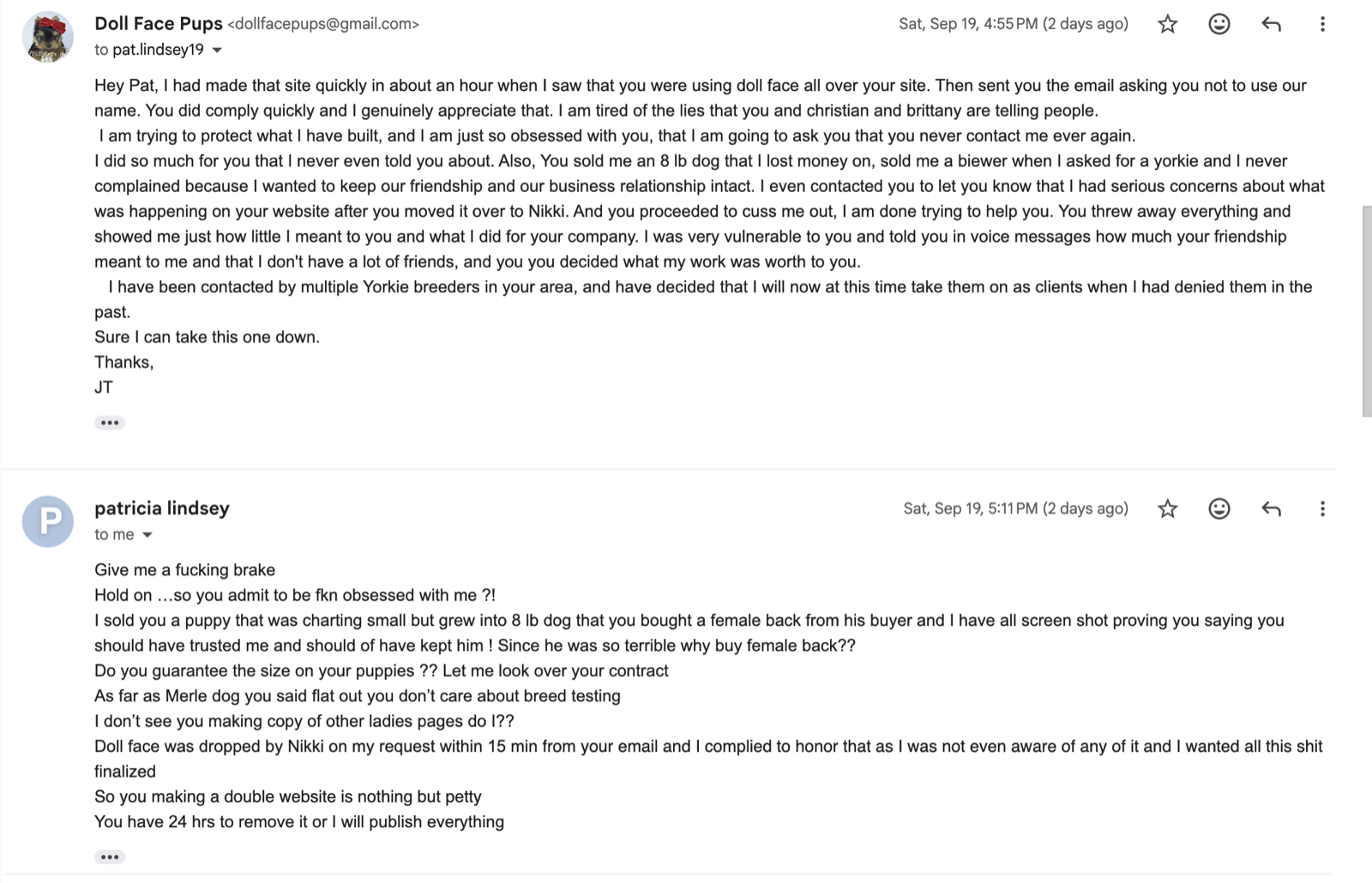 Screenshot 2: Janet's reply to Pat Lindsey at 4:55 PM and Pat's response at 5:11 PM, Sep 19, 2026