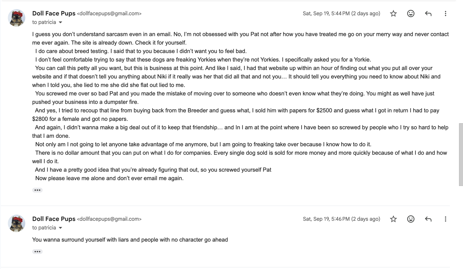 Screenshot 3: Janet's two replies to Pat Lindsey at 5:44 PM and 5:46 PM, Sep 19, 2026