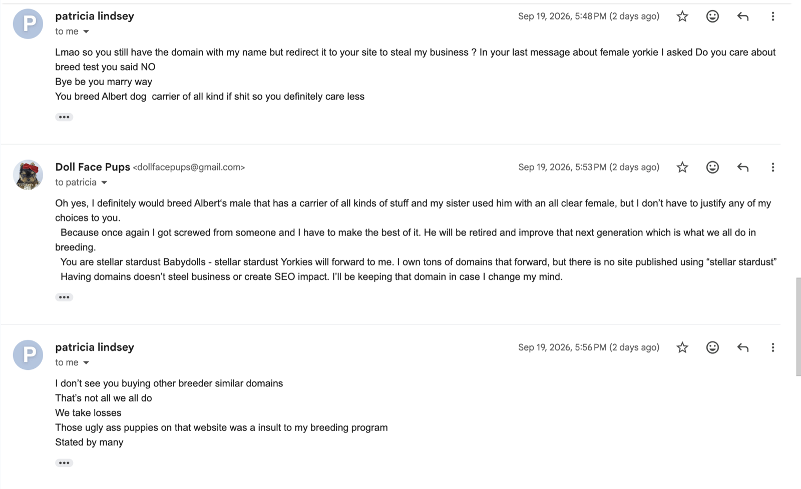 Screenshot 4: Pat Lindsey at 5:48 PM, Janet's reply at 5:53 PM, and Pat at 5:56 PM, Sep 19, 2026