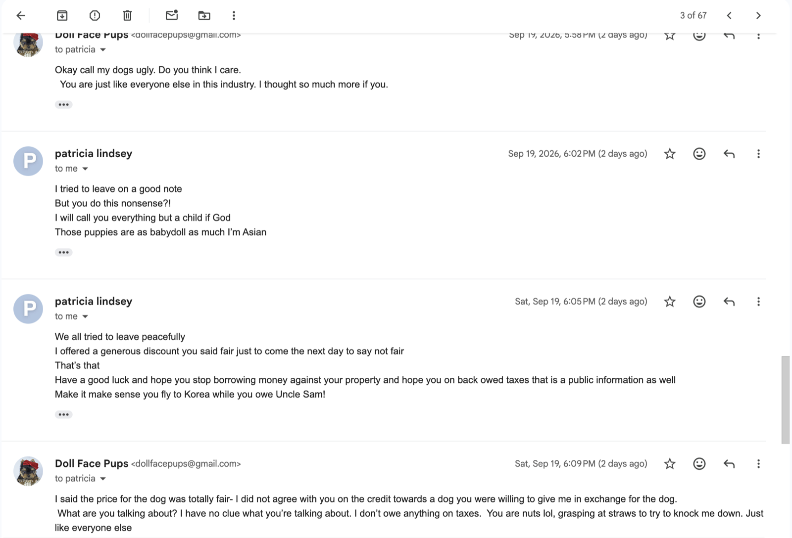 Screenshot 5: Janet at 5:58 PM, Pat Lindsey at 6:02 PM and 6:05 PM, and Janet at 6:09 PM, Sep 19, 2026