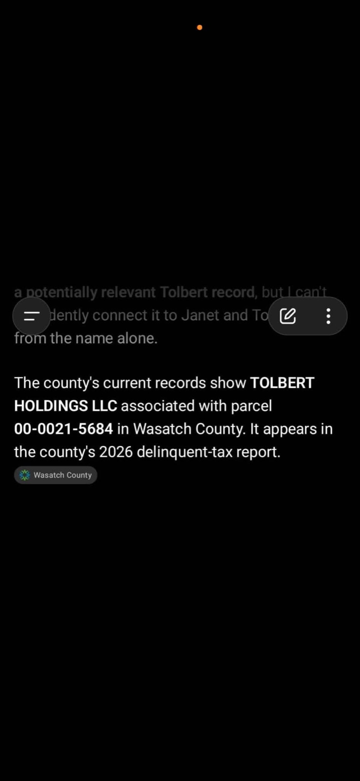Screenshot 7: a phone screenshot Pat Lindsey sent of an AI search result about a Tolbert Holdings LLC property record in Wasatch County
