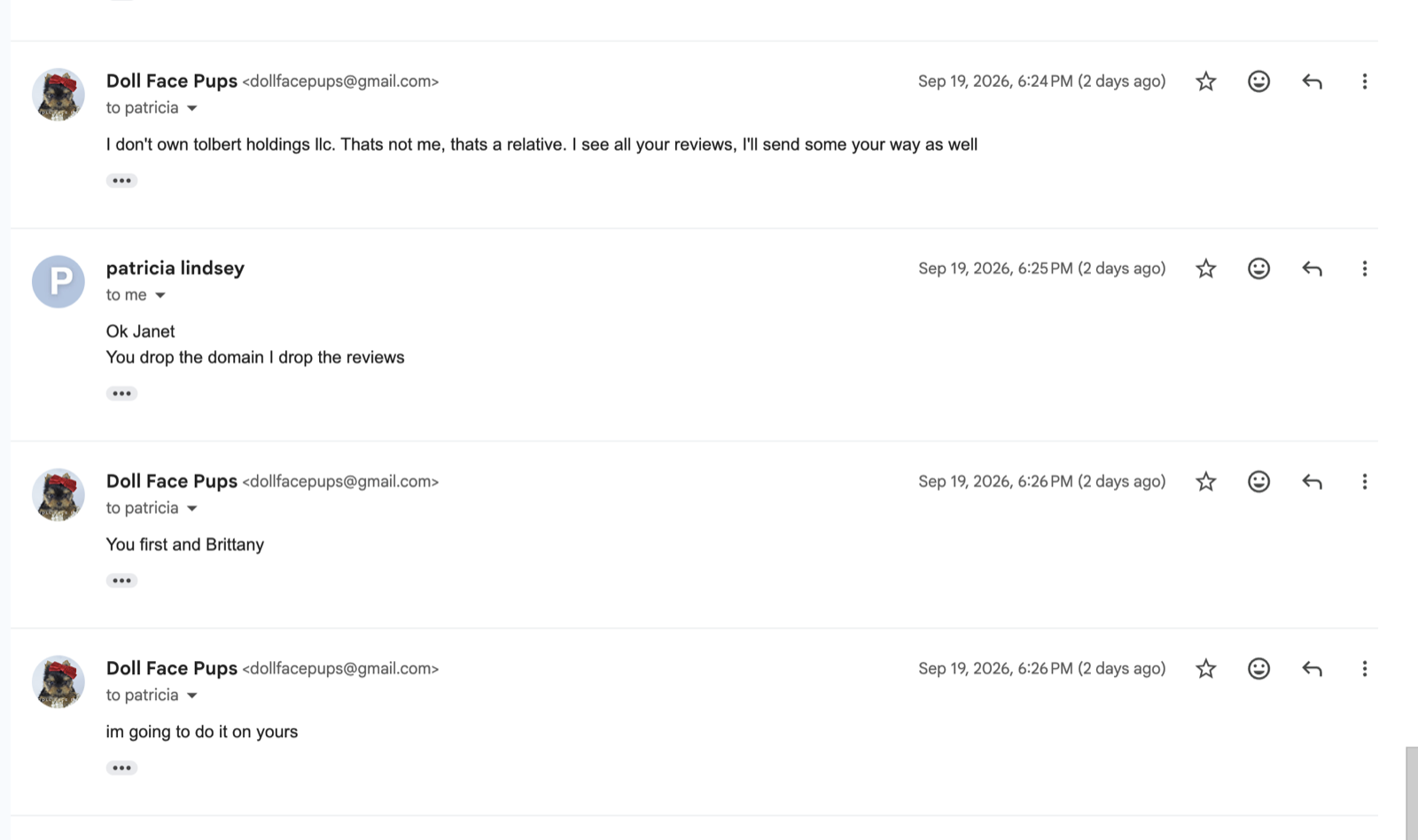 Screenshot 8: Janet at 6:24 PM, Pat Lindsey at 6:25 PM, and Janet at 6:26 PM, Sep 19, 2026