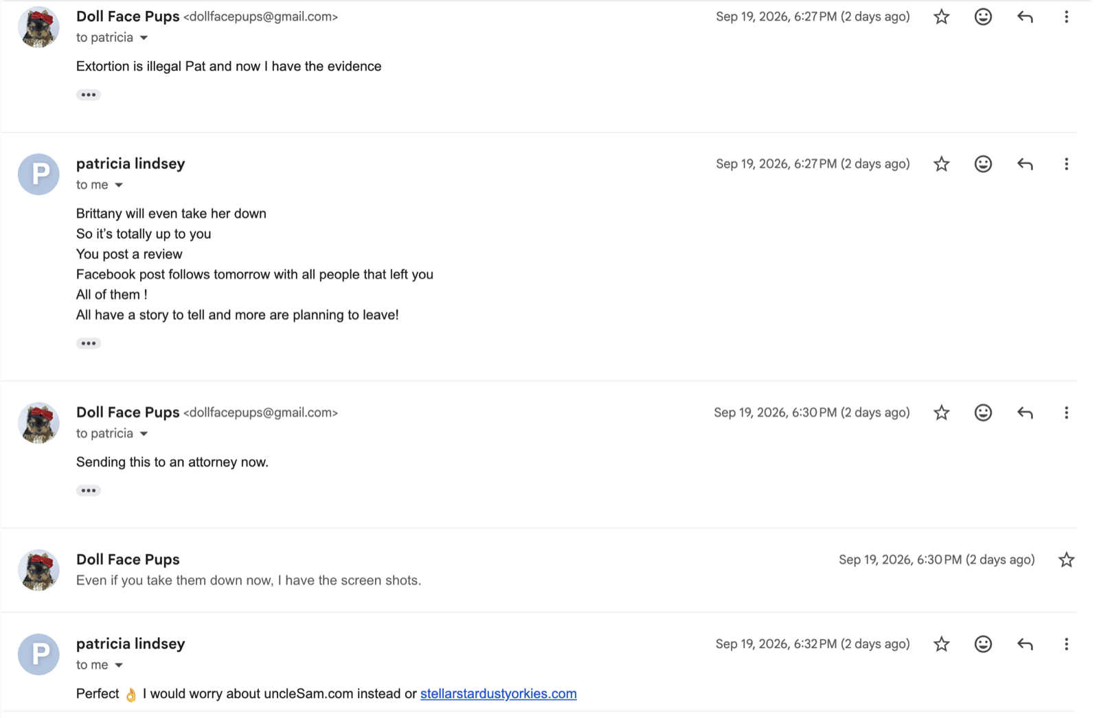 Screenshot 9: Janet at 6:27 PM, Pat Lindsey at 6:27 PM, Janet at 6:30 PM, and Pat at 6:32 PM, Sep 19, 2026